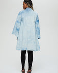 Aimi Jacket Description- 100% cotton jacket knee length drapes in front Color - Indigo arashi shibori dyed back view