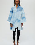 Aimi Jacket Description- 100% cotton jacket knee length drapes in front Color - Indigo arashi shibori dyed