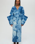 AOI Jacket Description - 100% cotton jacket v-neck, architectural long sleeve, front tie Color - Indigo arashi shibori dye front view
