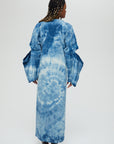 AOI Jacket Description - 100% cotton jacket v-neck, architectural long sleeve, front tie Color - Indigo arashi shibori dye back view