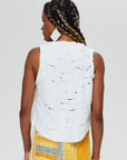 Clara 1 Top Description- 100% RECLÉM cotton, boxy high low, sleeveless v-neck Color - white with yellow accent back view