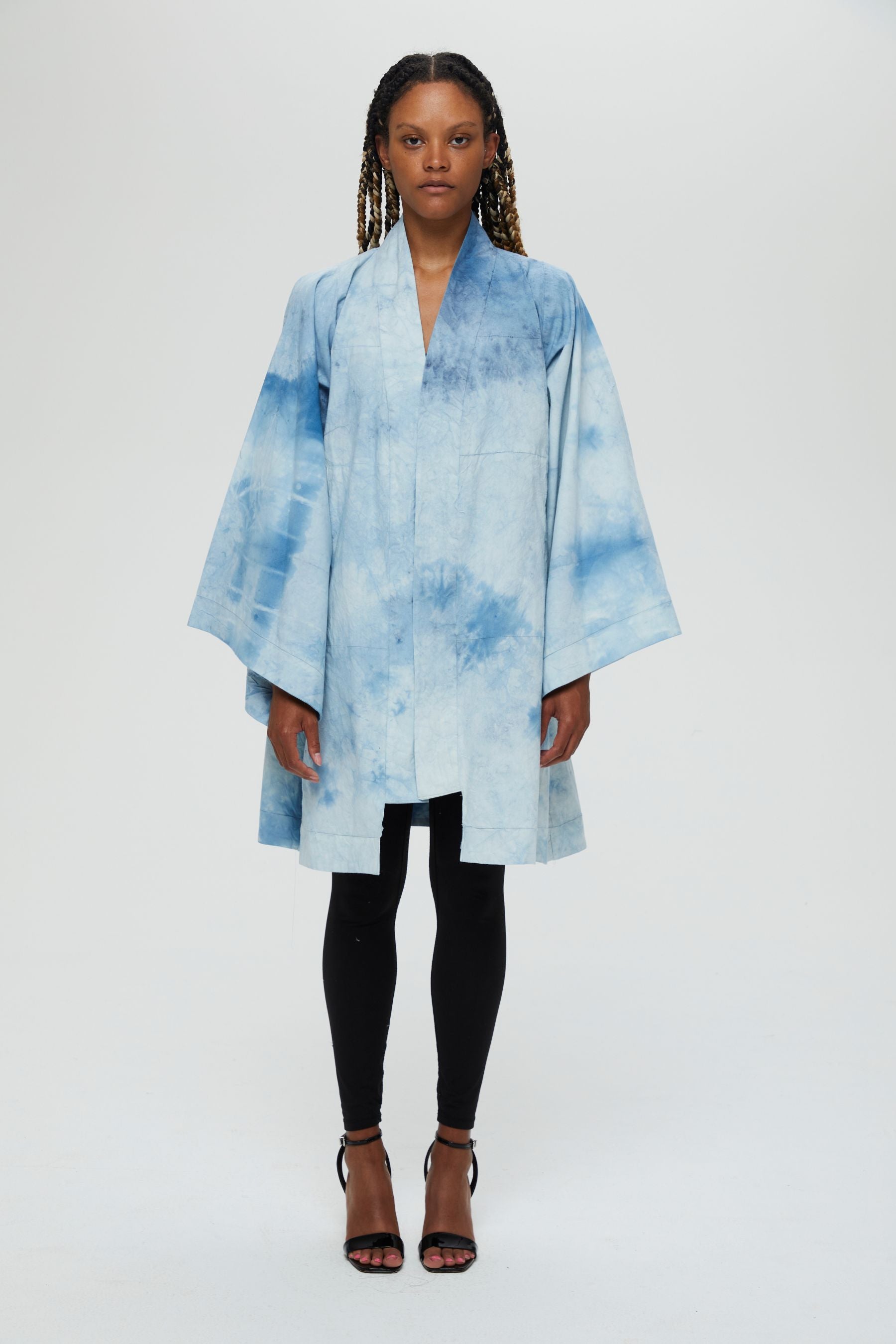 Aimi Jacket Description- 100% cotton jacket knee length drapes in front  Color - Indigo arashi shibori dyed