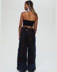 Aspen, pant, 100 percent cotton, dark blue black, wide leg paper bag belted waist, back full view.