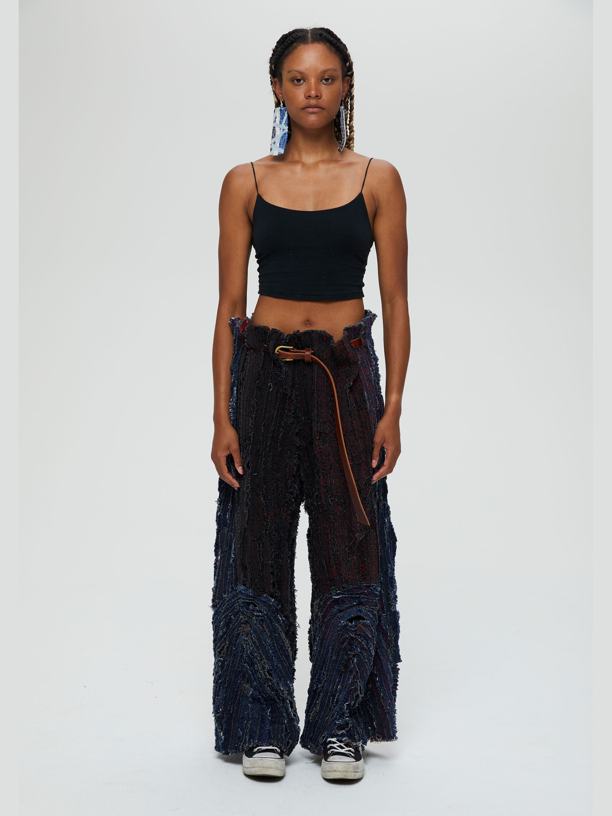 Aspen, pant, 100 percent cotton, dark blue black, wide leg paper bag belted waist, front full view.