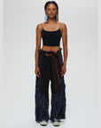 Aspen, pant, 100 percent cotton, dark blue black, wide leg paper bag belted waist, front full view.