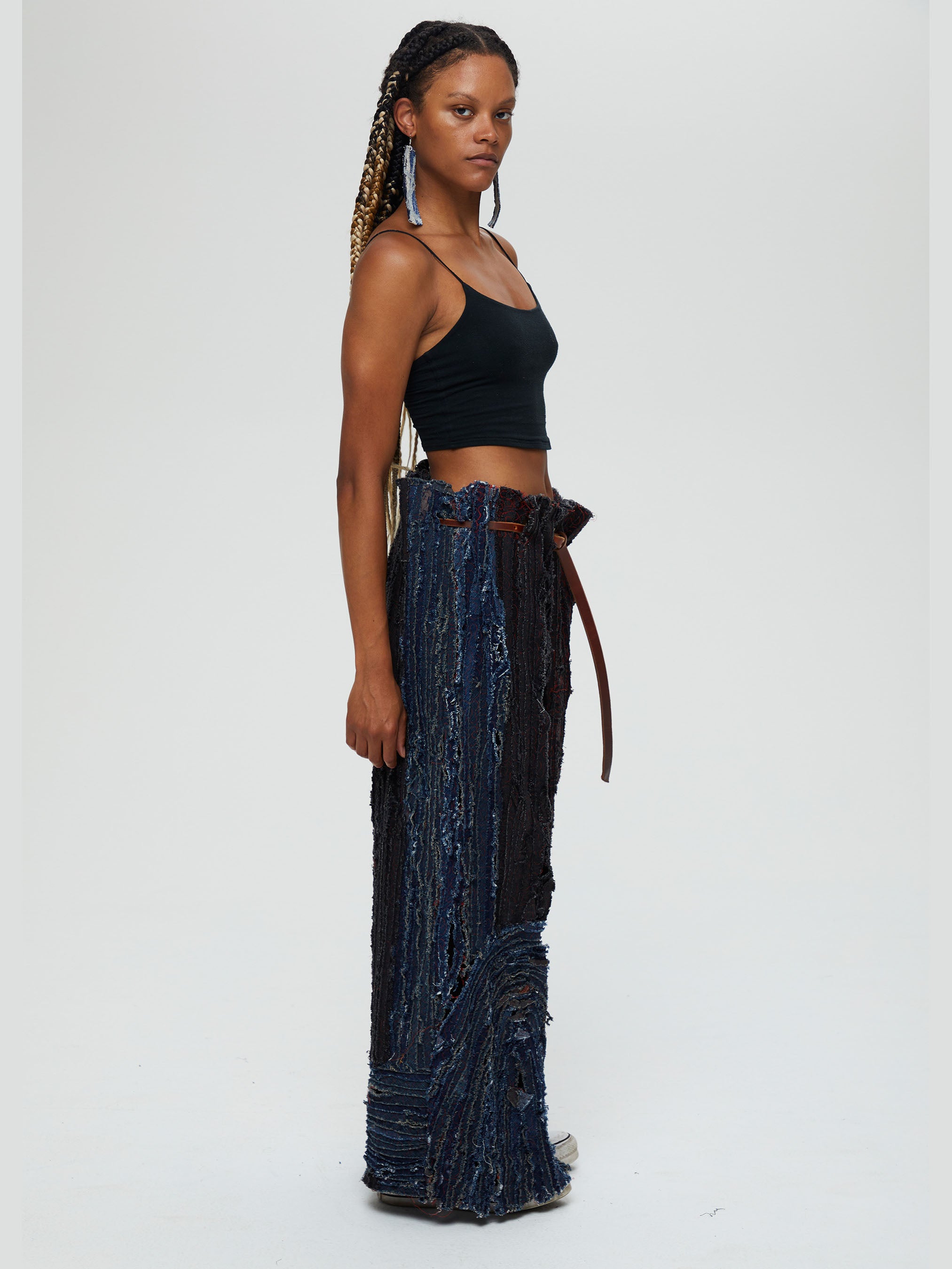 Aspen, pant, 100 percent cotton, dark blue black, wide leg paper bag belted waist, side view.