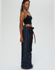 Aspen, pant, 100 percent cotton, dark blue black, wide leg paper bag belted waist, side view.