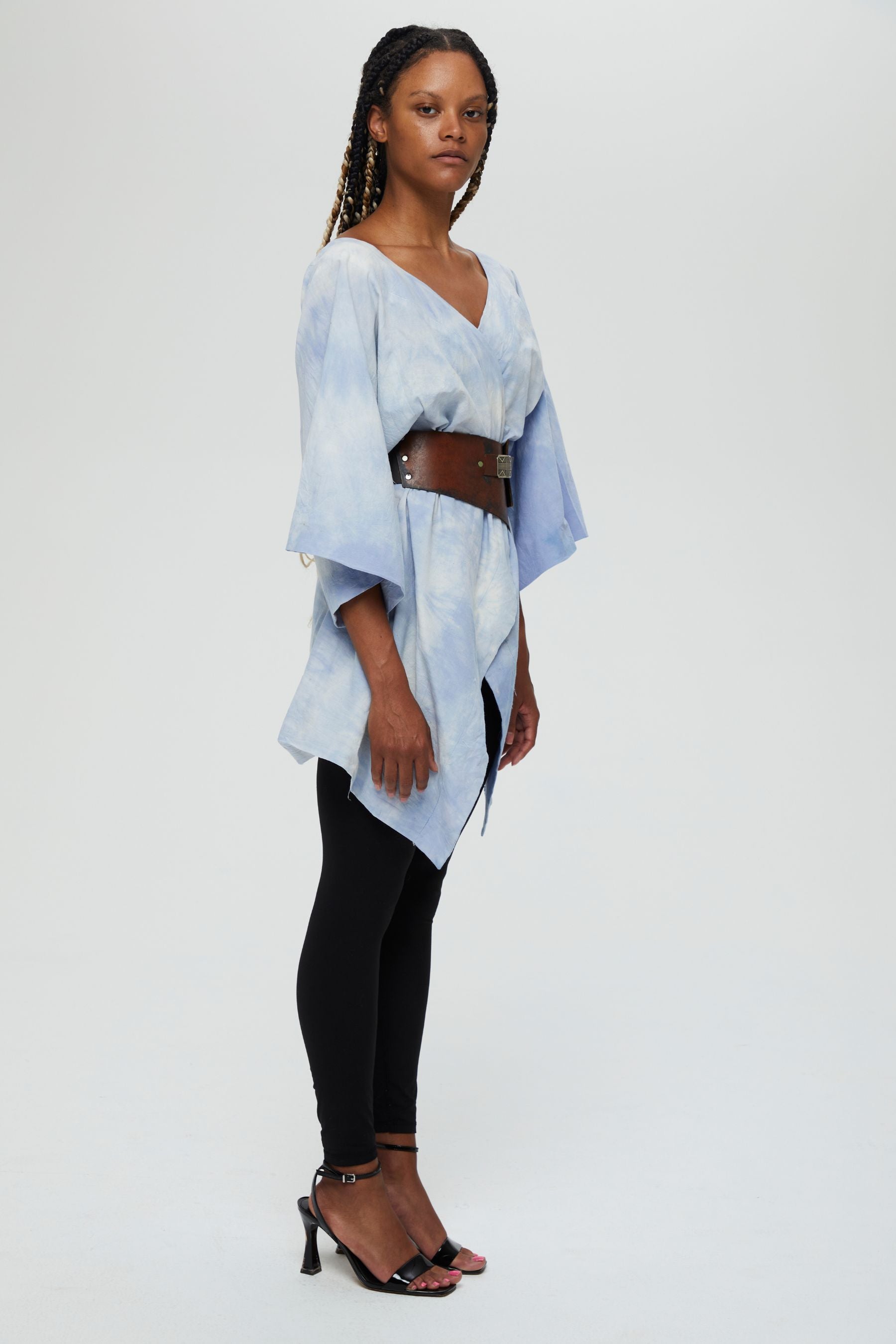 Ayano Jacket Description - 100% cotton, thigh length v-neck mid sleeve front wrap (belt sold under accessories)  Color - indigo arashi shibori dyed additional side view