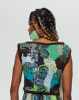 Mable 1 Top 100% RECLÉM cotton crop top, boat neck cap sleeve  Color - Green, blue and brown swirls back view