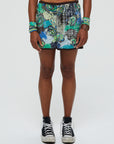 Mable 2 shorts, 100 percent cotton, greens and browns swirls, 2 in inseam,bias binding, back zip_front