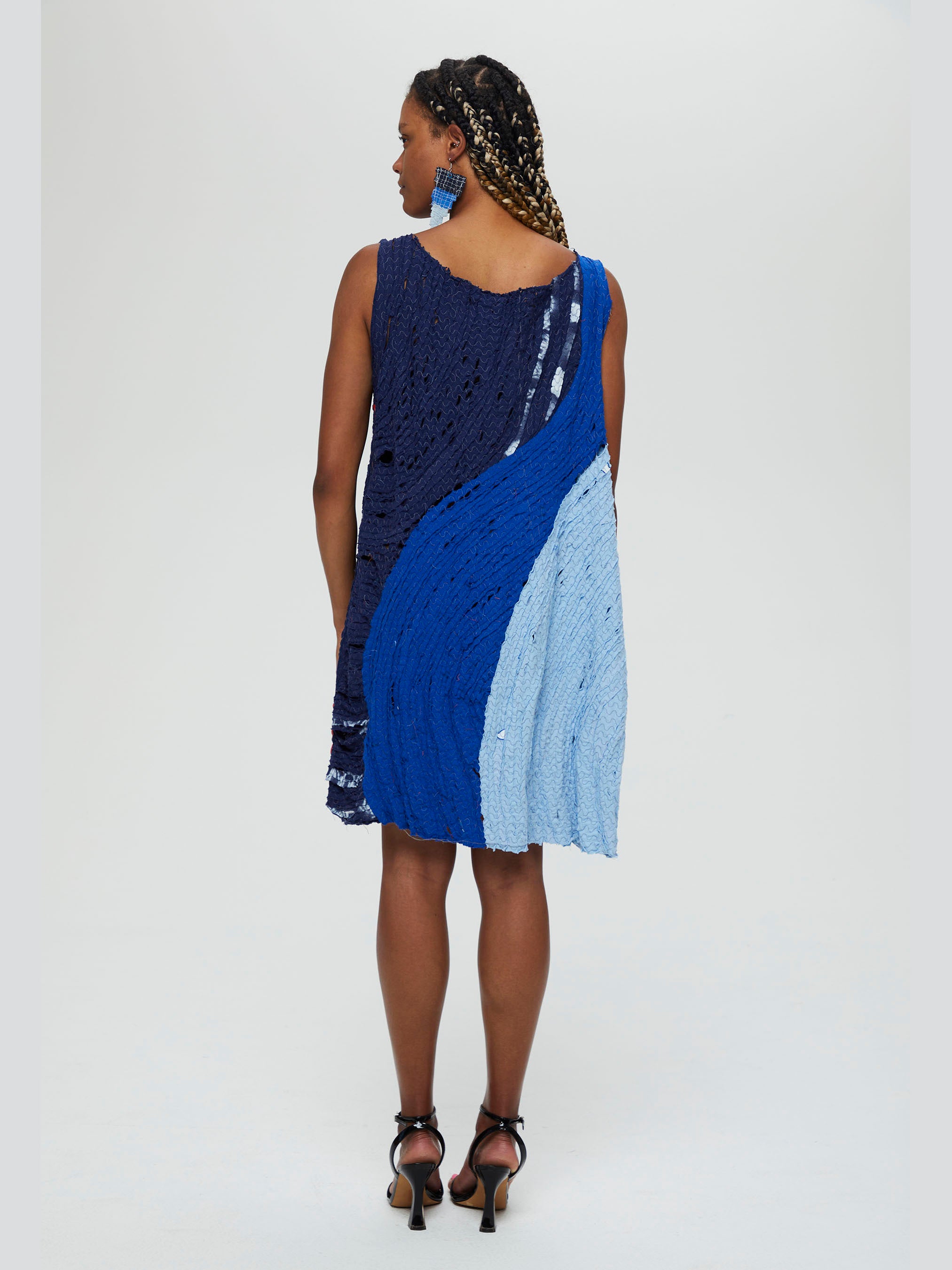 Zest Dress Blues with printing outside sleeveless knee length recycled sustainable ethical clothing