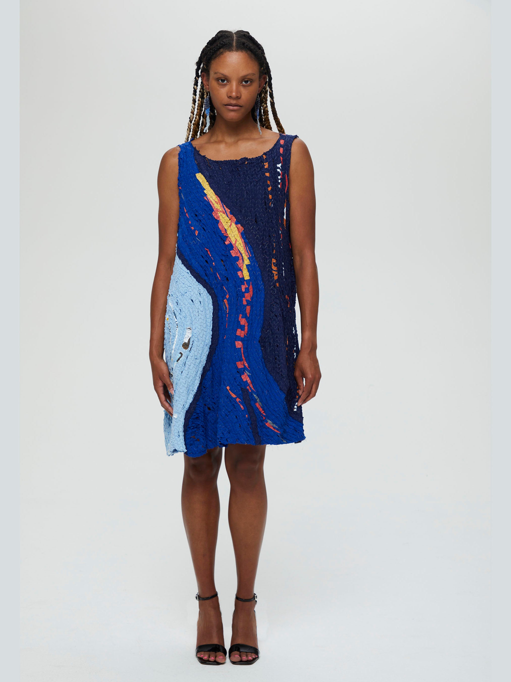 Zest Dress Blues with printing outside sleeveless knee length recycled sustainable ethical clothing