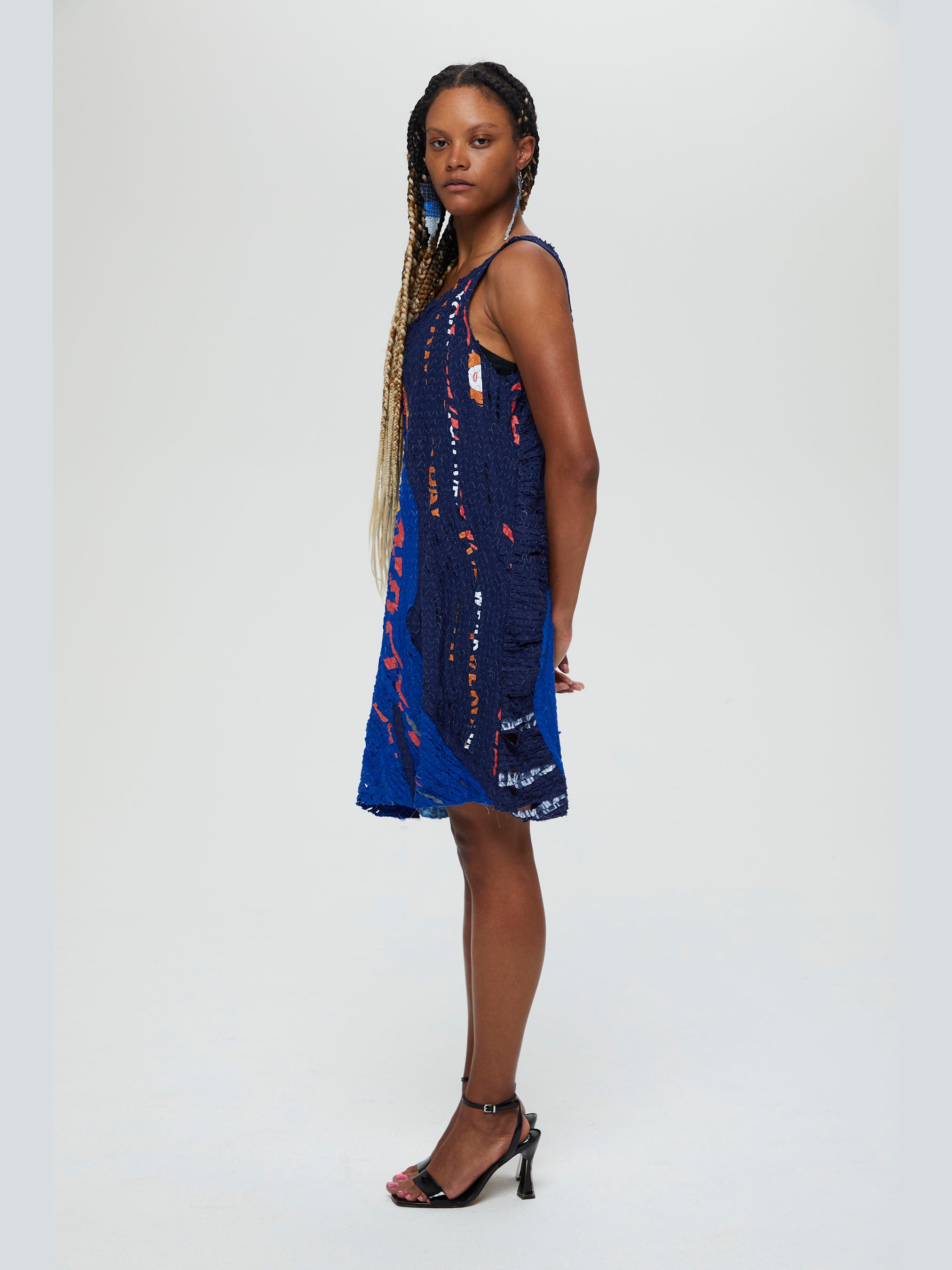 Zest Dress Blues with printing outside sleeveless knee length recycled sustainable ethical clothing