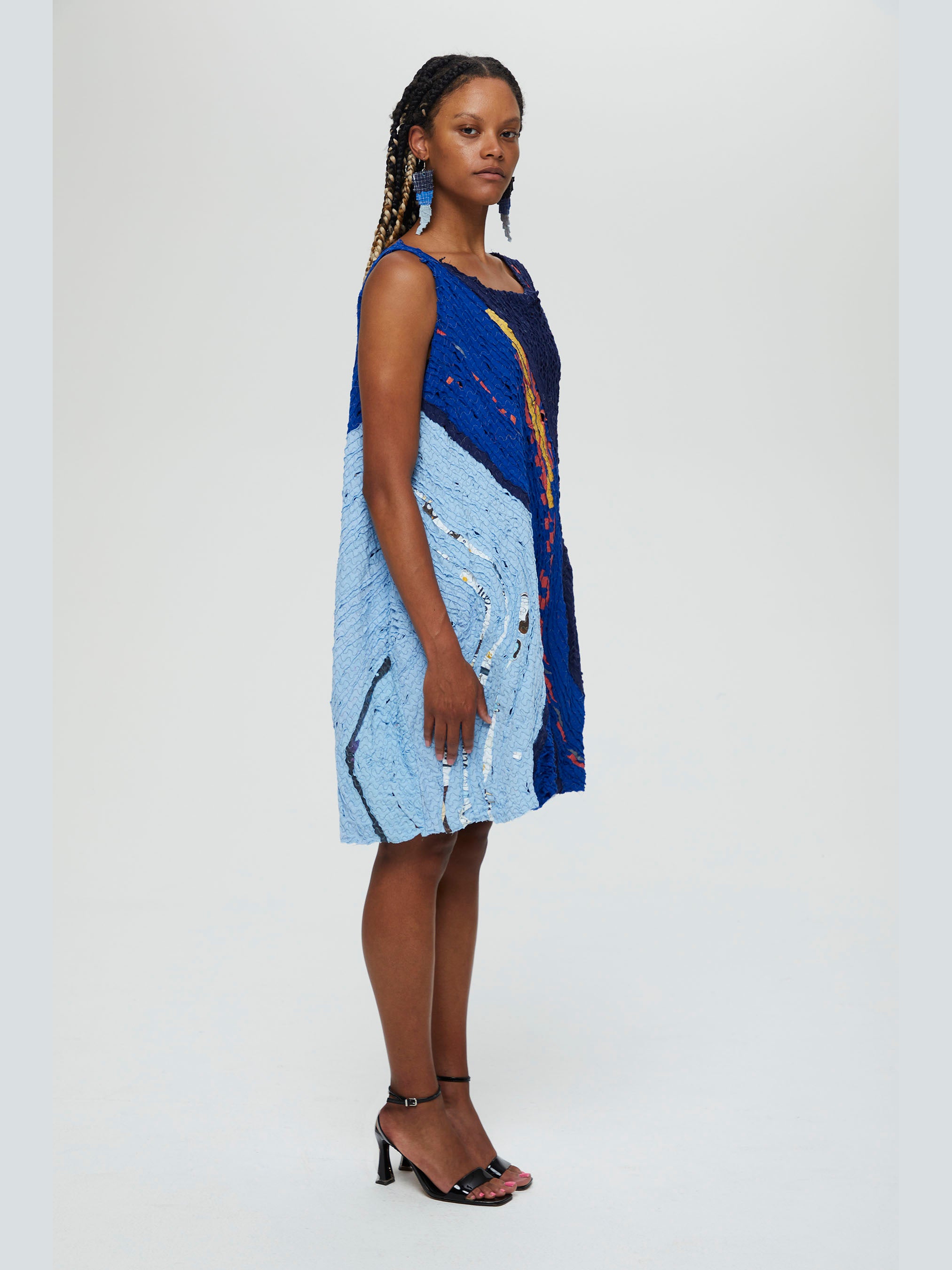 Zest Dress Blues with printing outside sleeveless knee length recycled sustainable ethical clothing